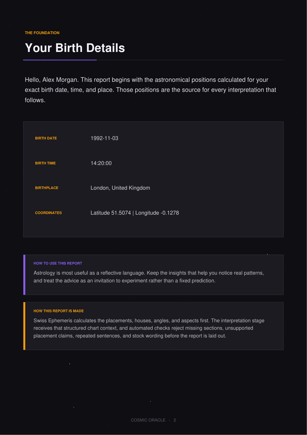 Birth details and report methodology page