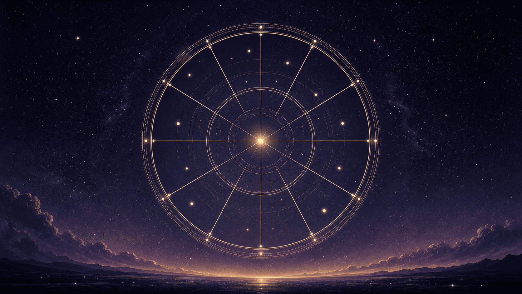 An abstract gold twelve-part celestial chart glowing over a violet night horizon.
