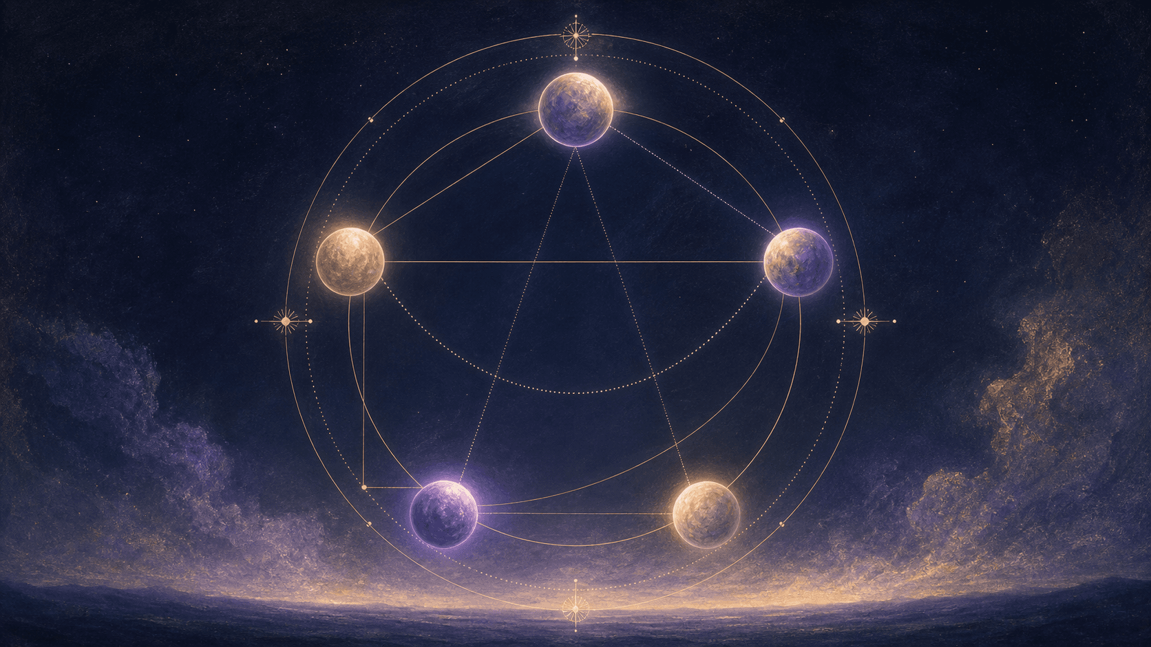 Abstract golden lines connecting five luminous planets on a deep blue celestial background
