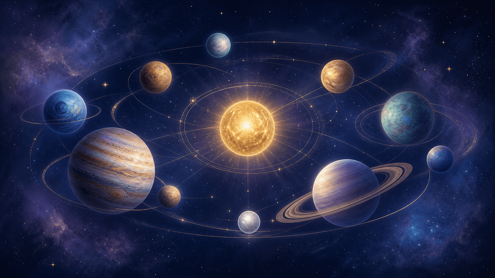 Painterly celestial spheres orbiting a warm golden light against a deep indigo star field