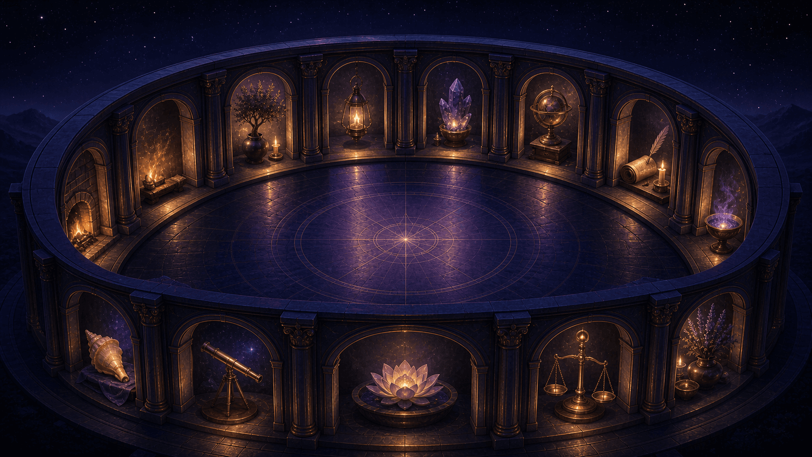 Twelve illuminated chambers arranged around a circular hall beneath a starry indigo sky