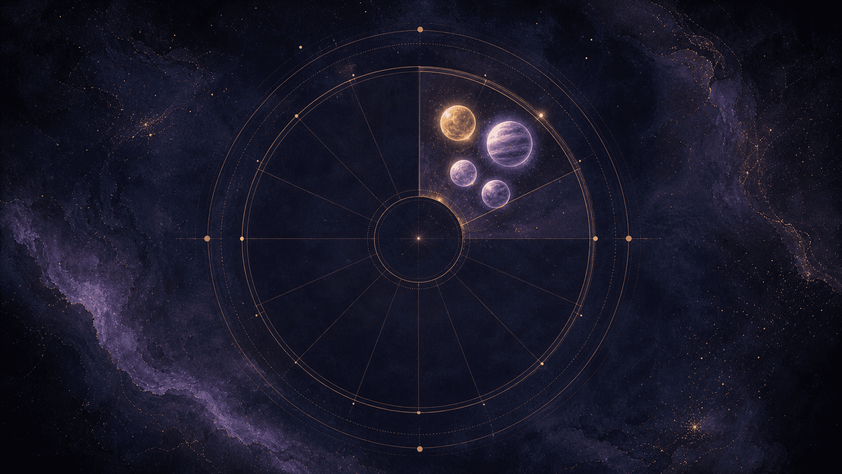 Four luminous planets clustered within one sector of an abstract astrological chart
