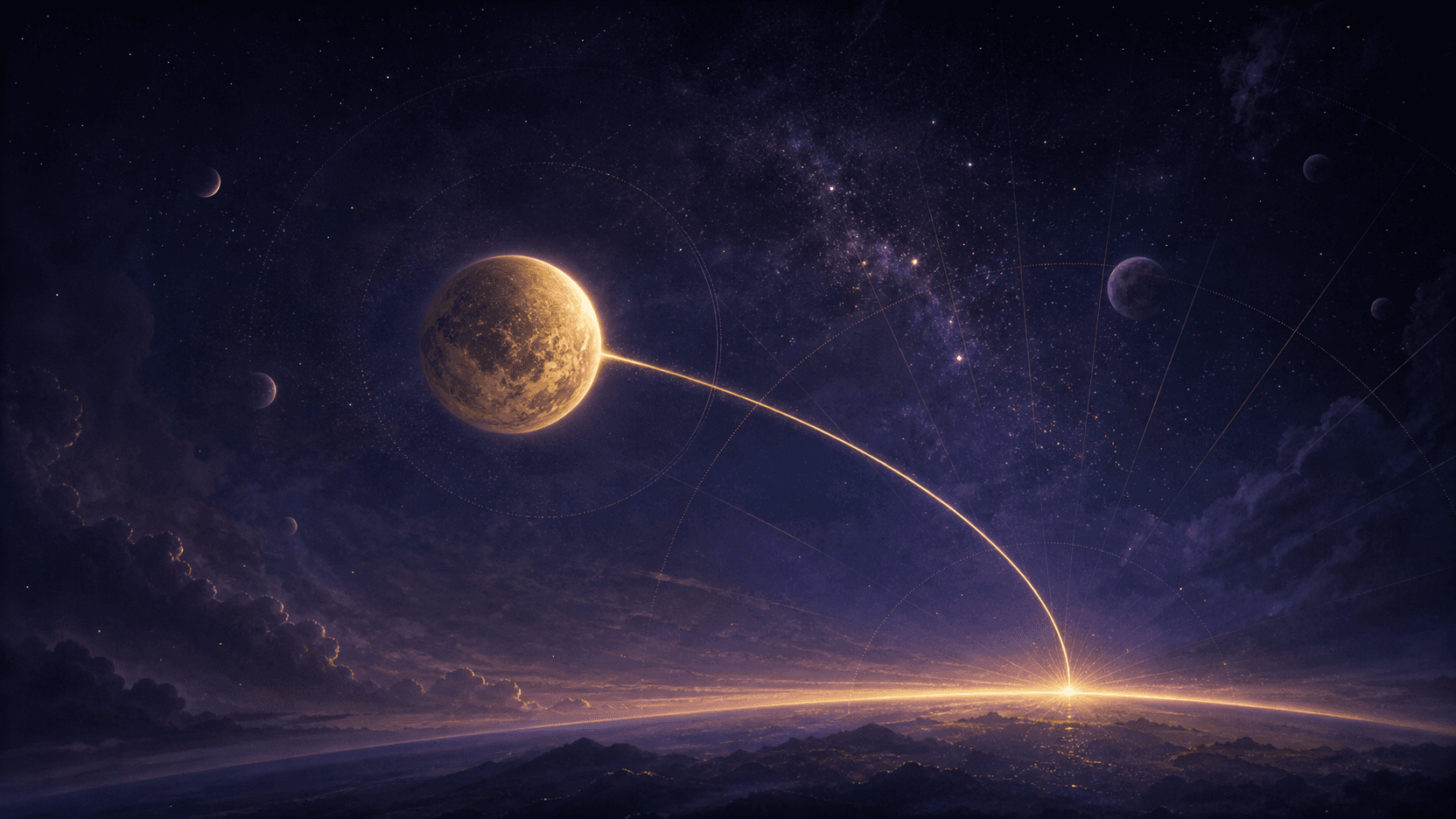 A luminous gold planet linked by an orbit line to a glowing horizon beneath an indigo sky.