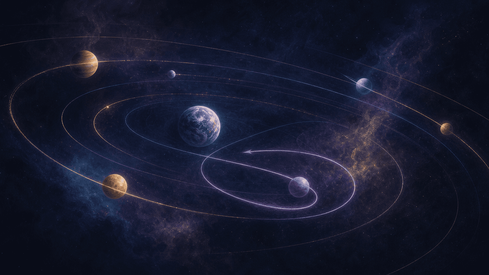 Luminous planets following curved paths around Earth with one path looping backward