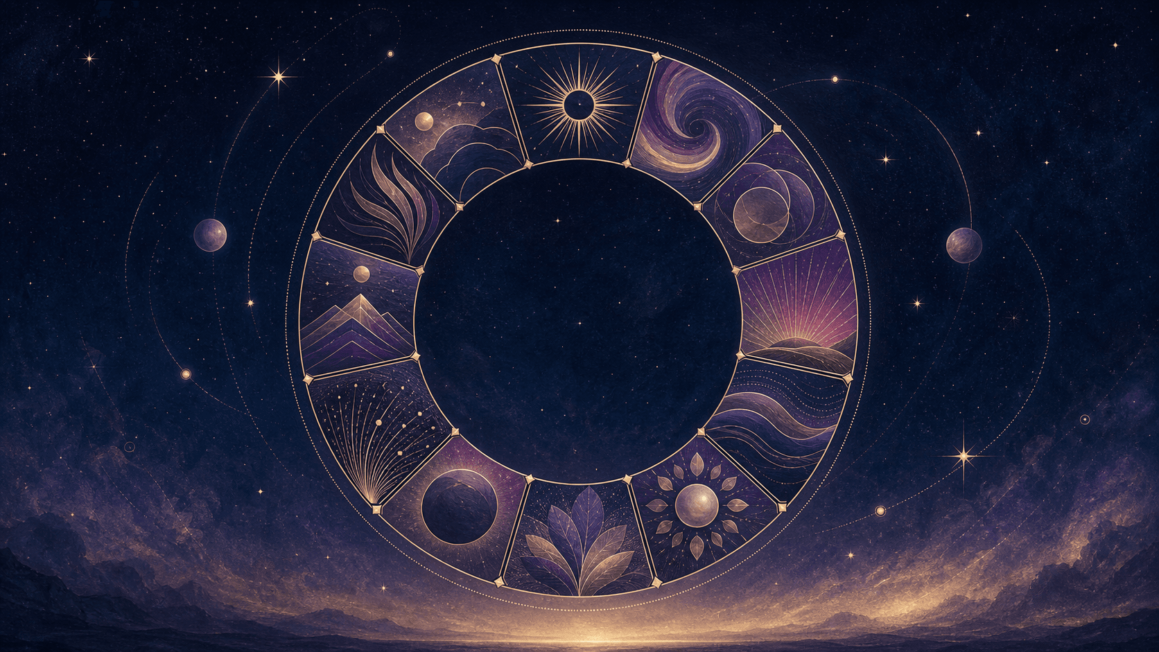 Abstract twelve-part zodiac ring glowing in violet and gold against a deep blue night sky