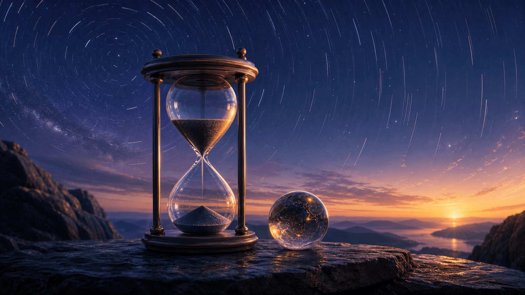 An hourglass beneath star trails at dawn, symbolizing birth time and the changing sky